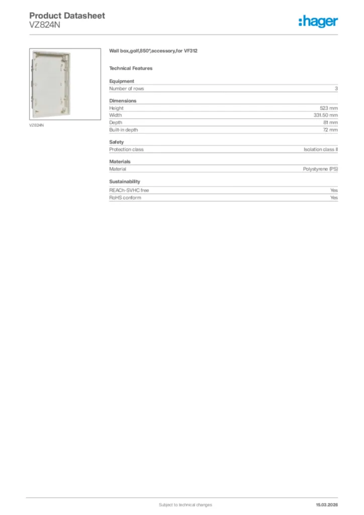 Image Hager Product data sheet VZ824N  | Hager Africa