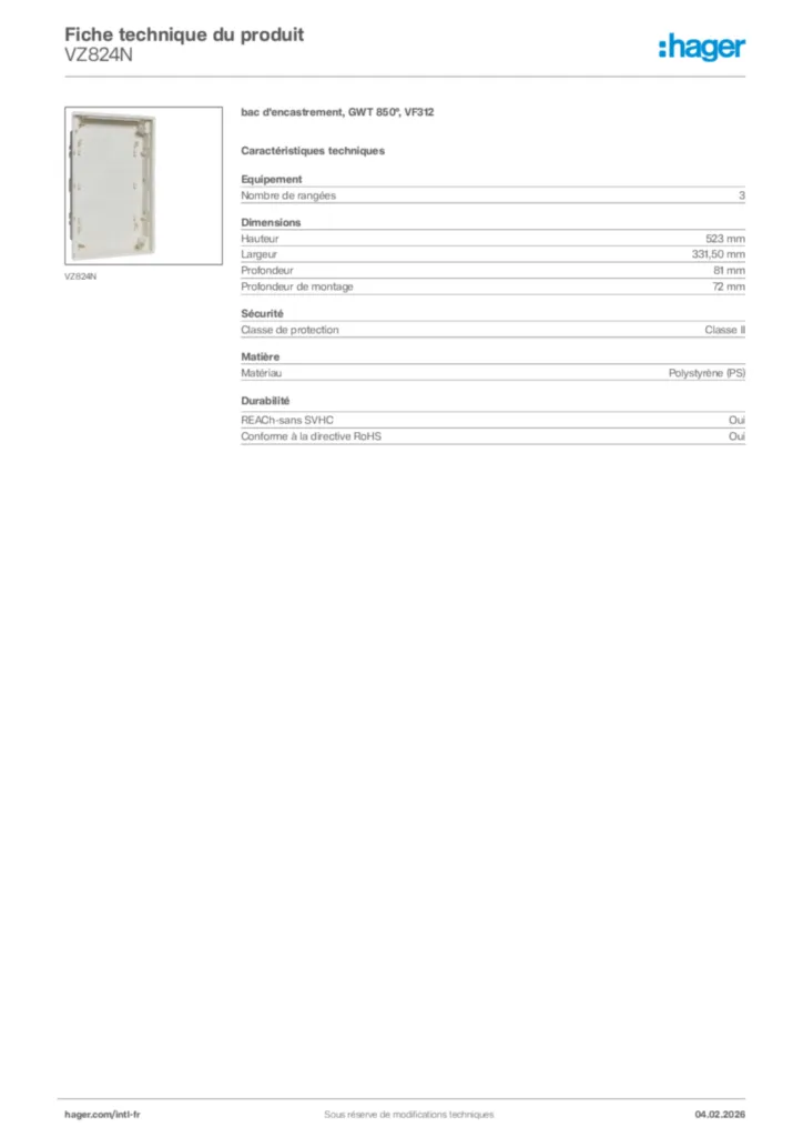 Image Hager Fiche technique du produit VZ824N | Hager Afrique