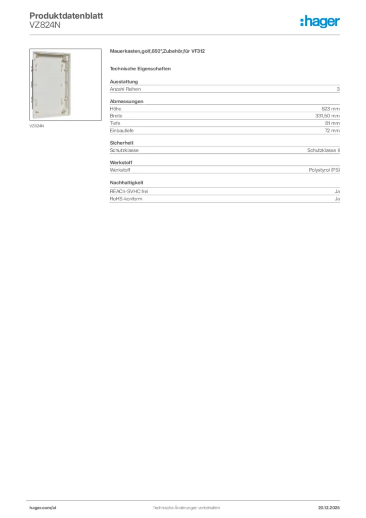 Bild Hager Produktdatenblatt VZ824N | Hager Deutschland