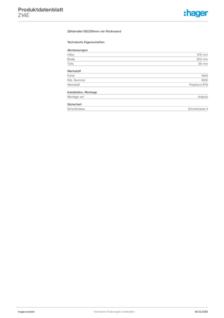 Bild Hager Produktdatenblatt Z14E | Hager Deutschland