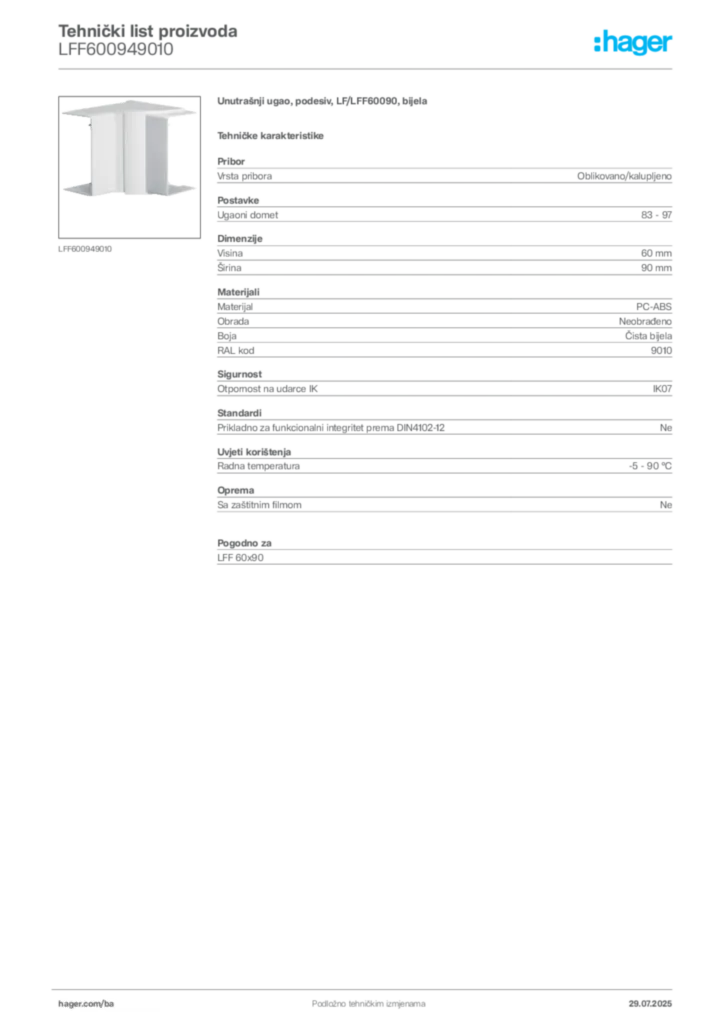 Slika Hager Product data sheet LFF600949010  | Hager