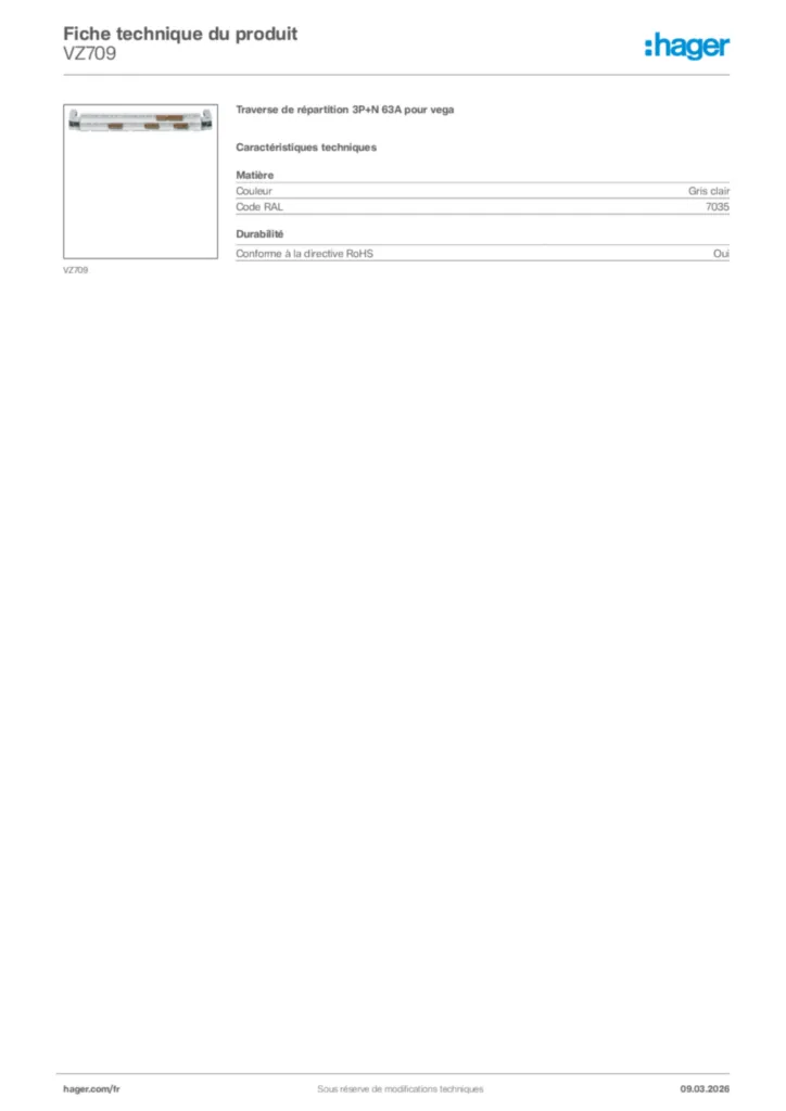 Image Hager Fiche technique du produit VZ709 | Hager France