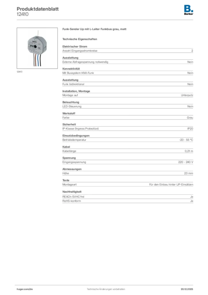 Bild Berker Produktdatenblatt 12410 | Hager Deutschland