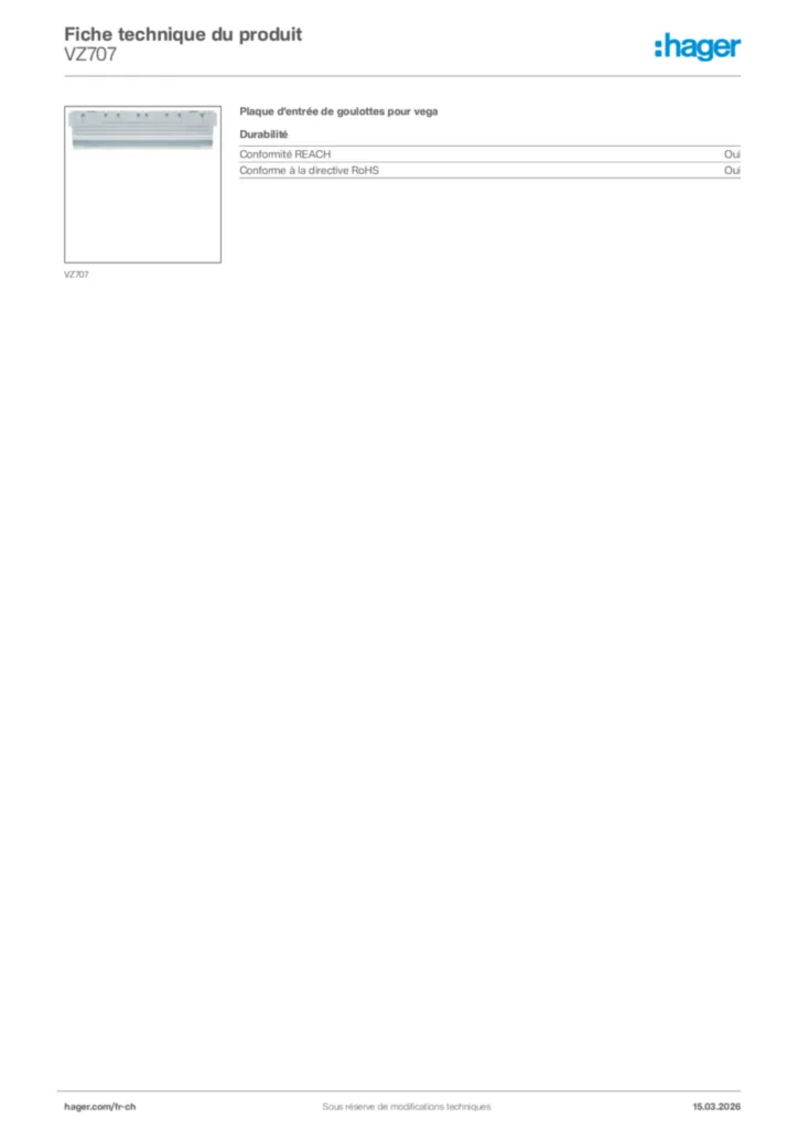 Image Hager Fiche technique du produit VZ707 | Hager Suisse