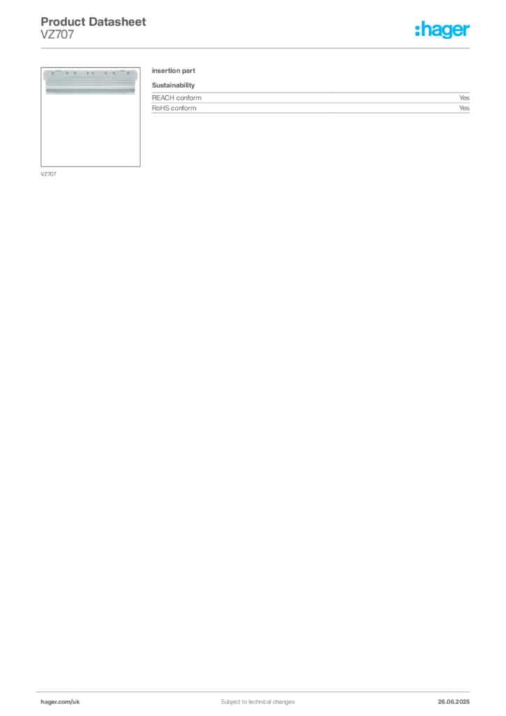 Image Hager Product data sheet VZ707  | Hager