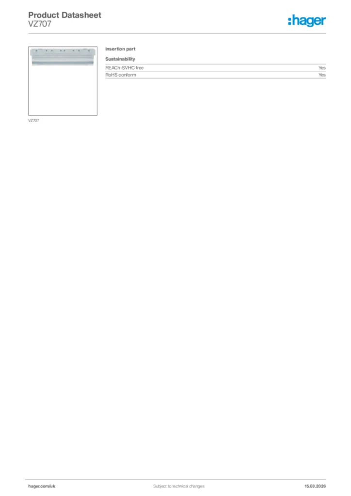 Image Hager Product data sheet VZ707  | Hager