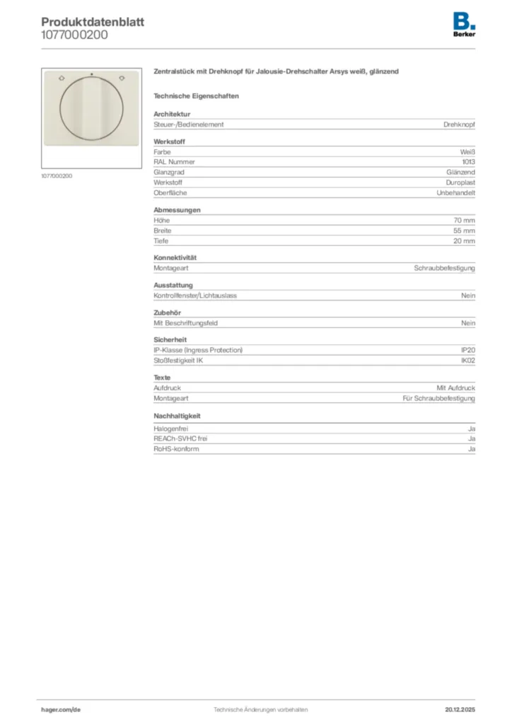 Bild Berker Produktdatenblatt 1077000200 | Hager Deutschland