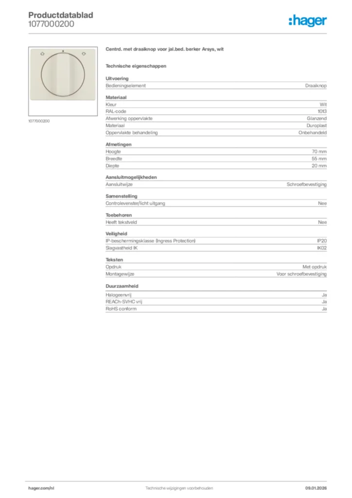 Afbeelding Hager Productdatablad 1077000200 | Hager Nederland