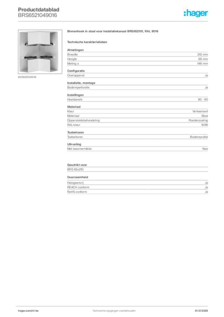 Afbeelding Hager Productdatablad BRS6521049016 | Hager Belgium