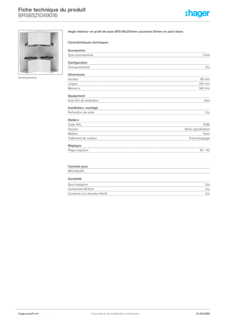Image Hager Fiche technique du produit BRS6521049016 | Hager Suisse