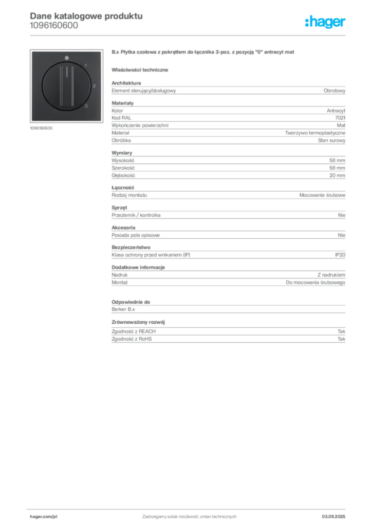 Zdjęcie Hager Karta katalogowa 1096160600 | Hager Polska