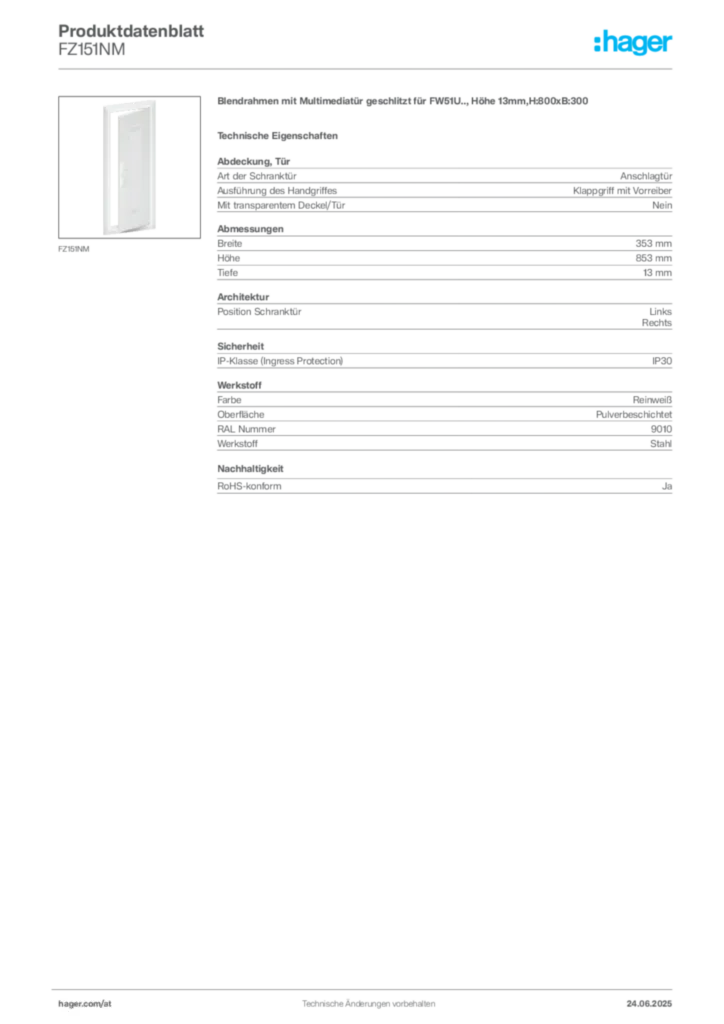 Bild Hager Produktdatenblatt FZ151NM | Hager Deutschland
