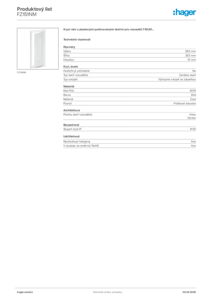 Obrázek Hager Product data sheet FZ151NM | Hager