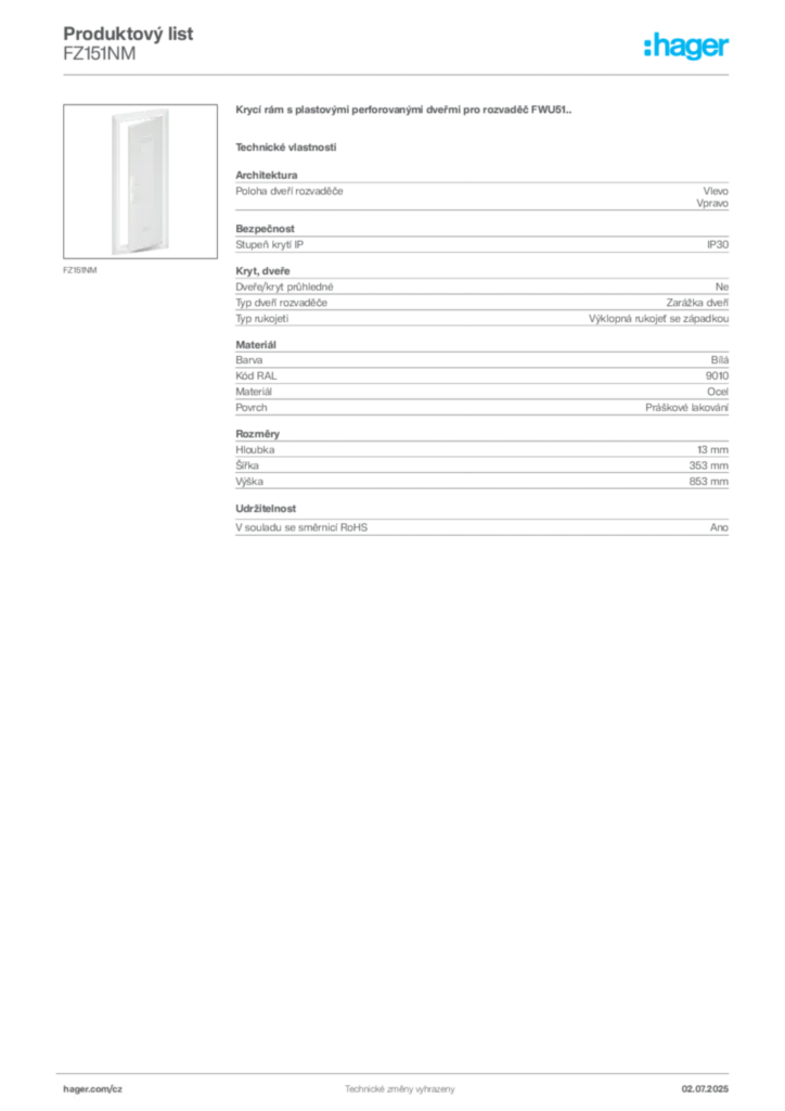 Obrázek Hager Produktový list FZ151NM | Hager