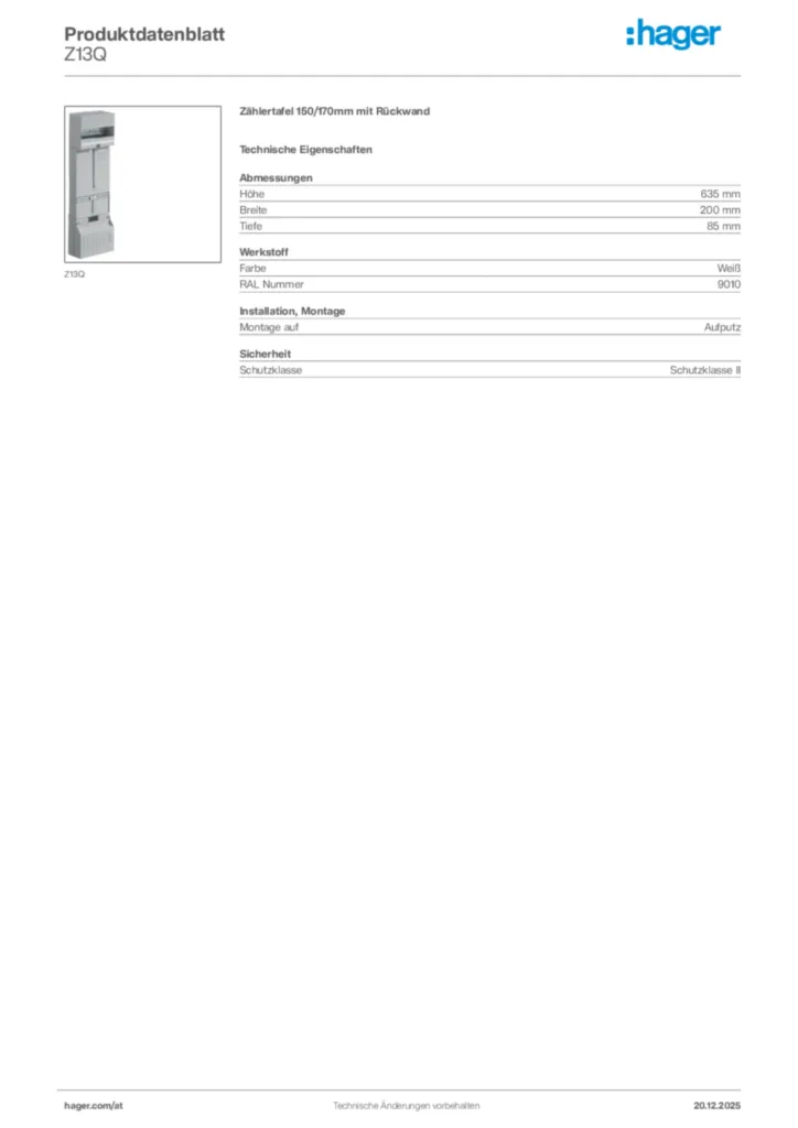 Bild Hager Produktdatenblatt Z13Q | Hager Deutschland