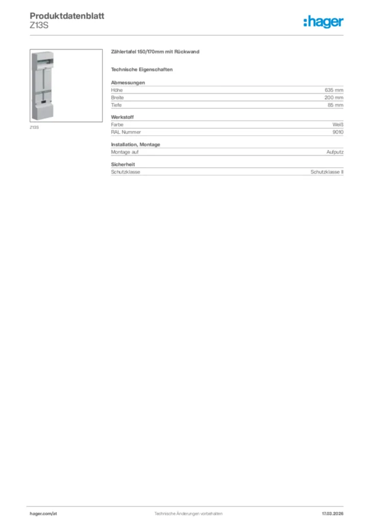 Bild Hager Produktdatenblatt Z13S | Hager Deutschland