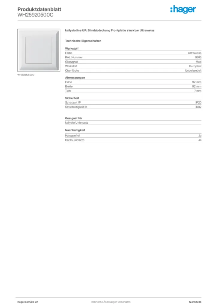 Bild Hager Produktdatenblatt WH25920500C | Hager Schweiz