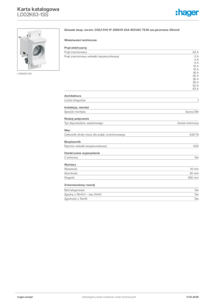 Zdjęcie Hager Karta katalogowa LD02K63-1SS | Hager Polska