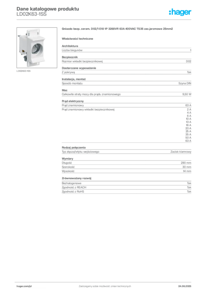 Zdjęcie Hager Karta katalogowa LD02K63-1SS | Hager Polska