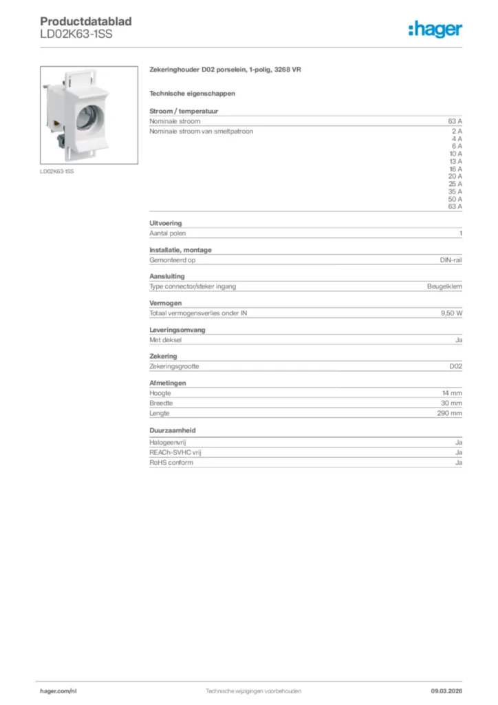 Afbeelding Hager Productdatablad LD02K63-1SS | Hager Nederland