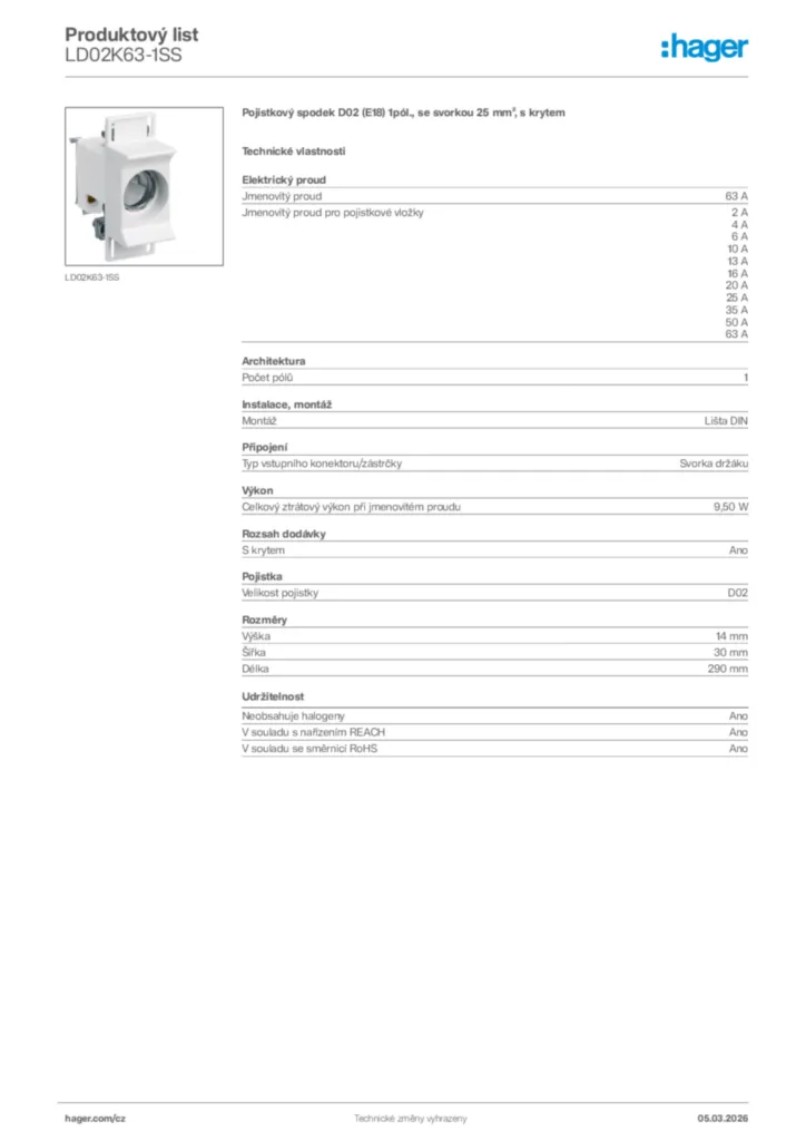 Obrázek Hager Product data sheet LD02K63-1SS | Hager