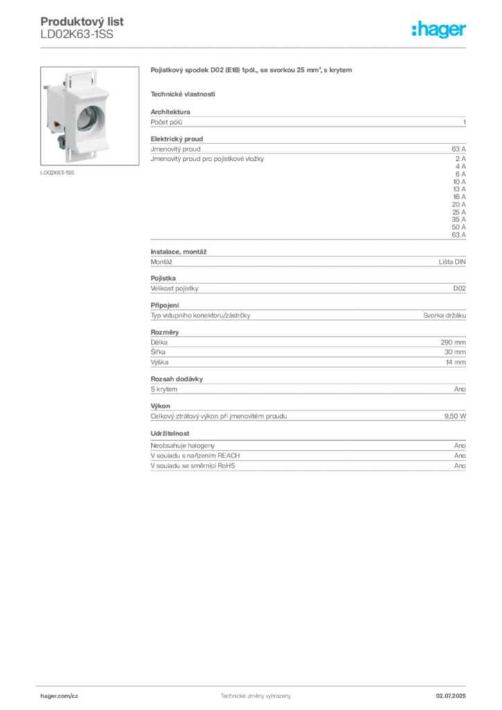 Obrázek Hager Produktový list LD02K63-1SS | Hager