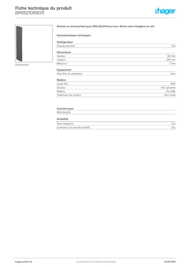 Image Hager Fiche technique du produit BR6521069011 | Hager Suisse