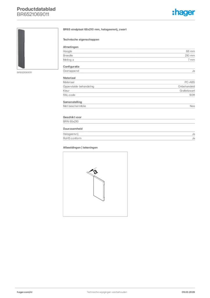 Afbeelding Hager Productdatablad BR6521069011 | Hager Nederland