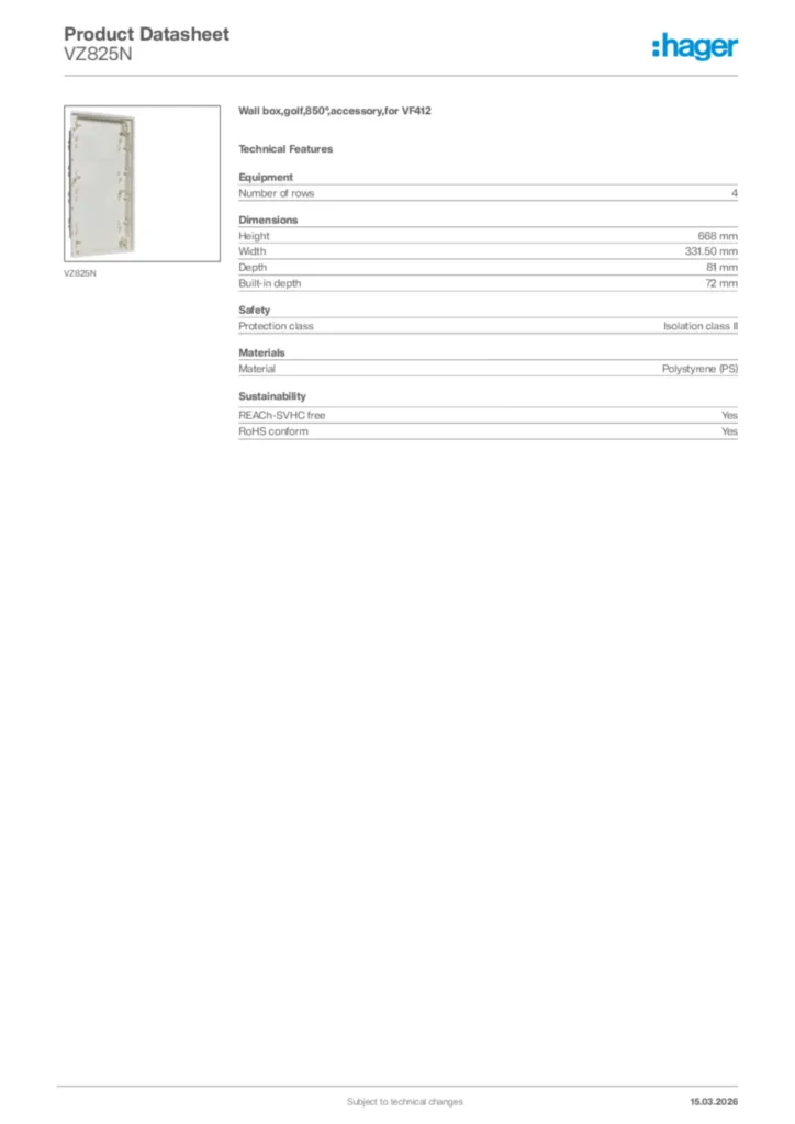 Image Hager Product data sheet VZ825N  | Hager Africa