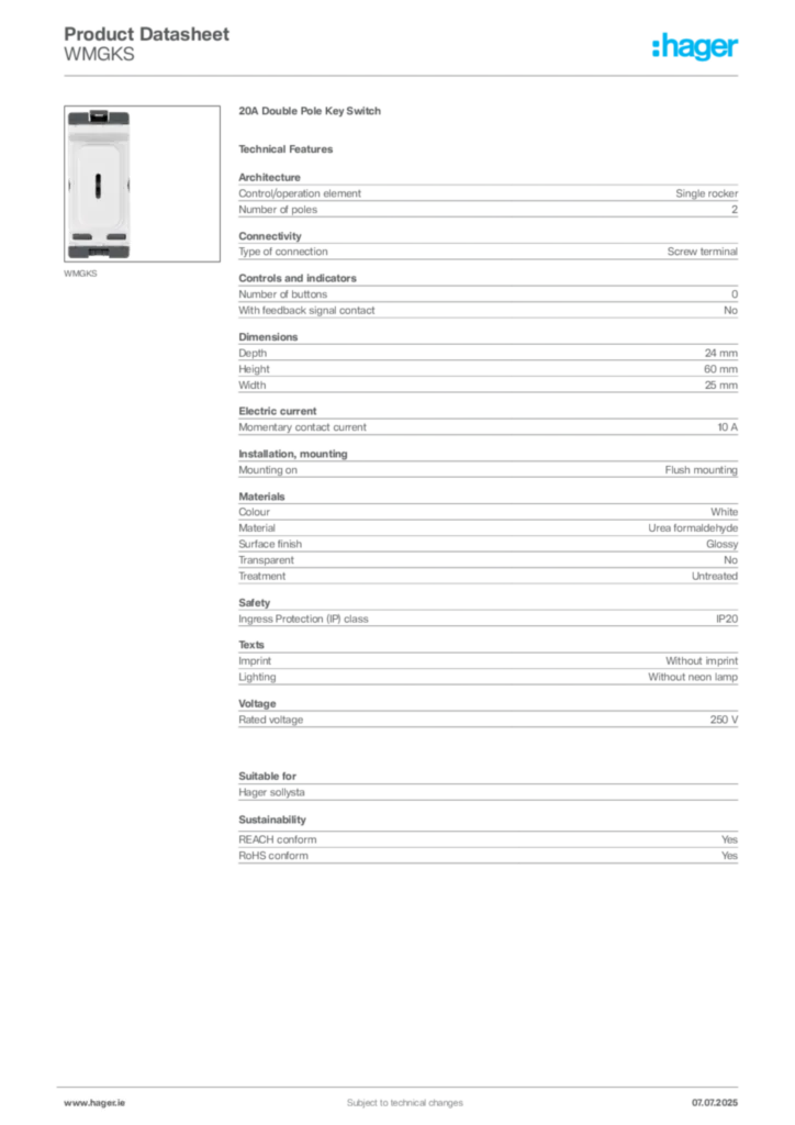 Image Hager Product data sheet WMGKS  | Hager