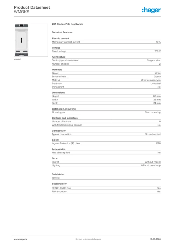 Image Hager Product data sheet WMGKS  | Hager