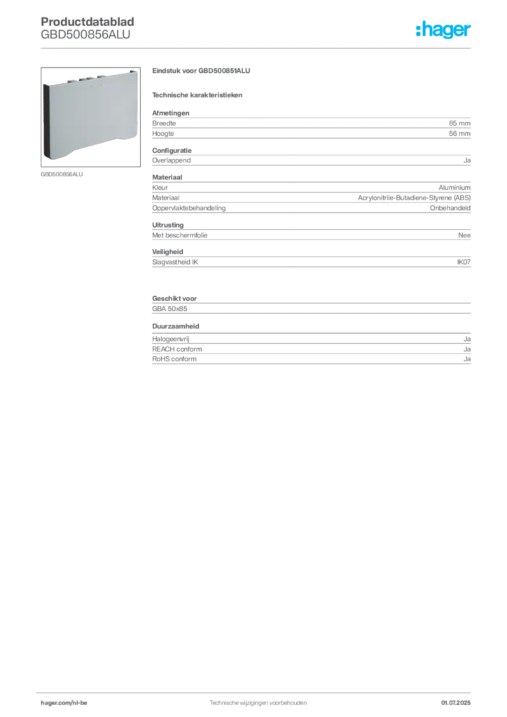 Afbeelding Hager Productdatablad GBD500856ALU | Hager Belgium