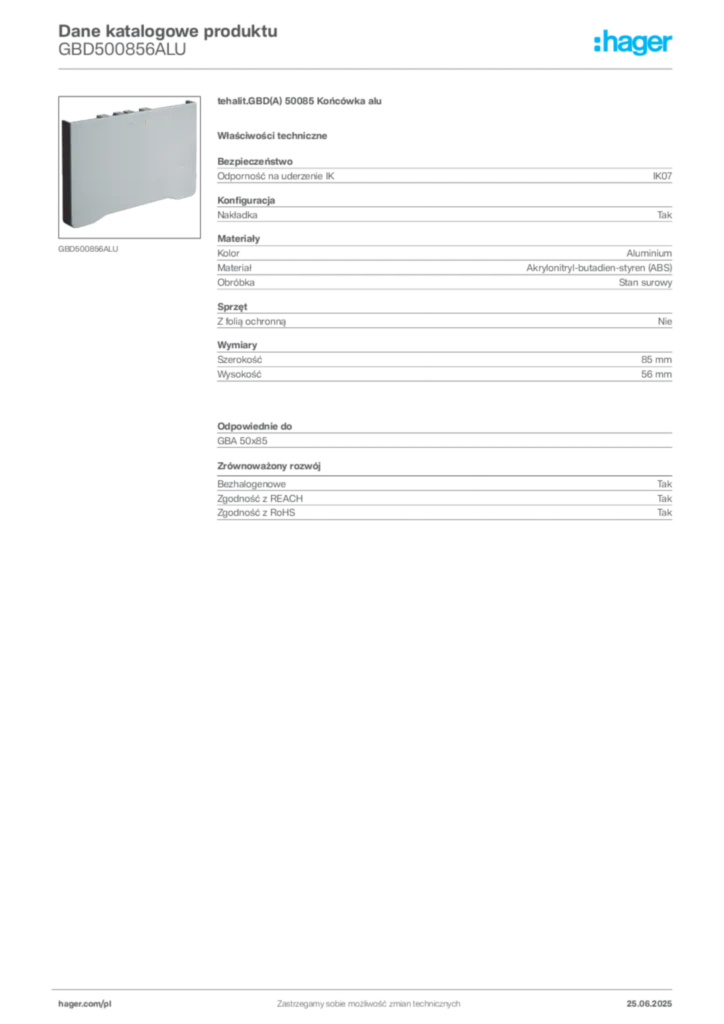 Zdjęcie Hager Karta katalogowa GBD500856ALU | Hager Polska