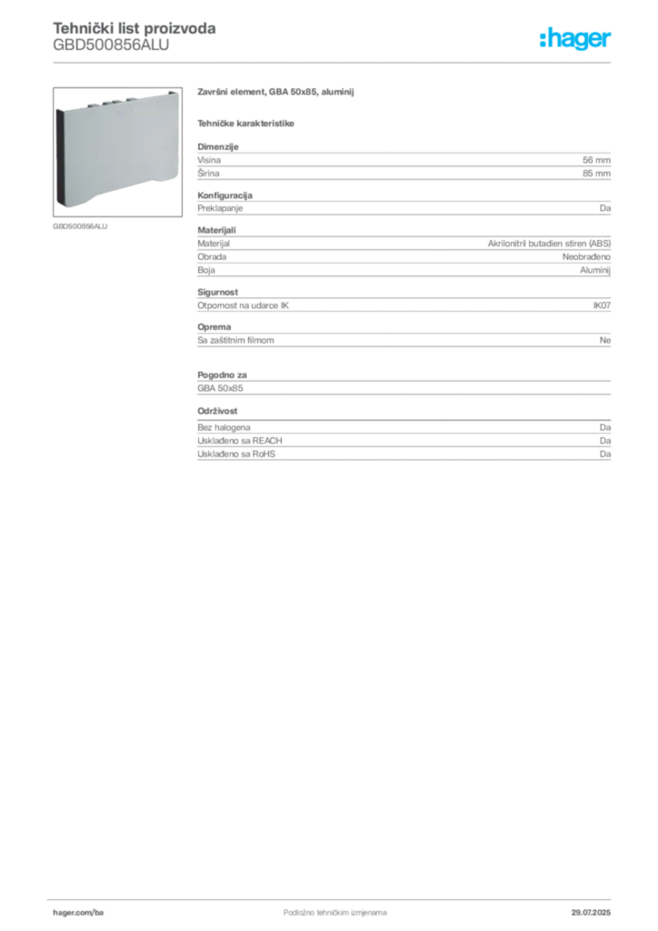 Slika Hager Product data sheet GBD500856ALU  | Hager