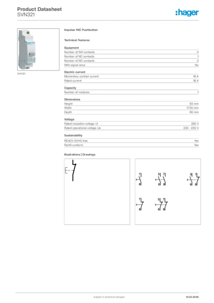 Image Hager Product data sheet SVN321  | Hager Africa