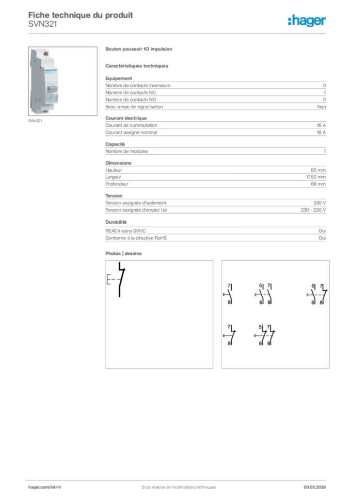 Image Hager Fiche technique du produit SVN321 | Hager Afrique
