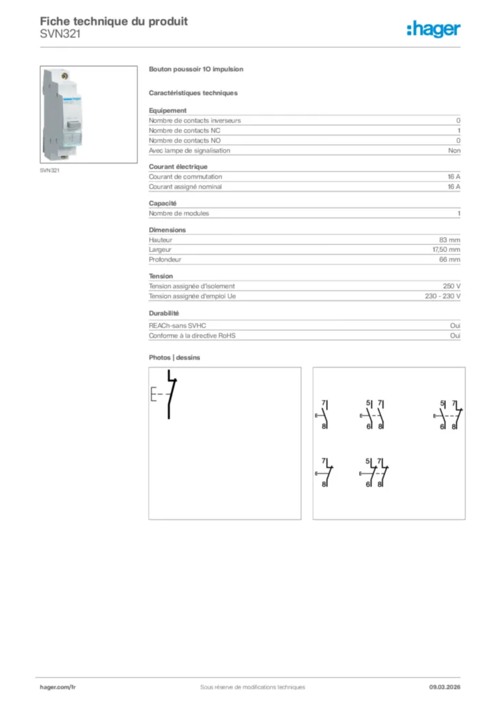 Image Hager Fiche technique du produit SVN321 | Hager France