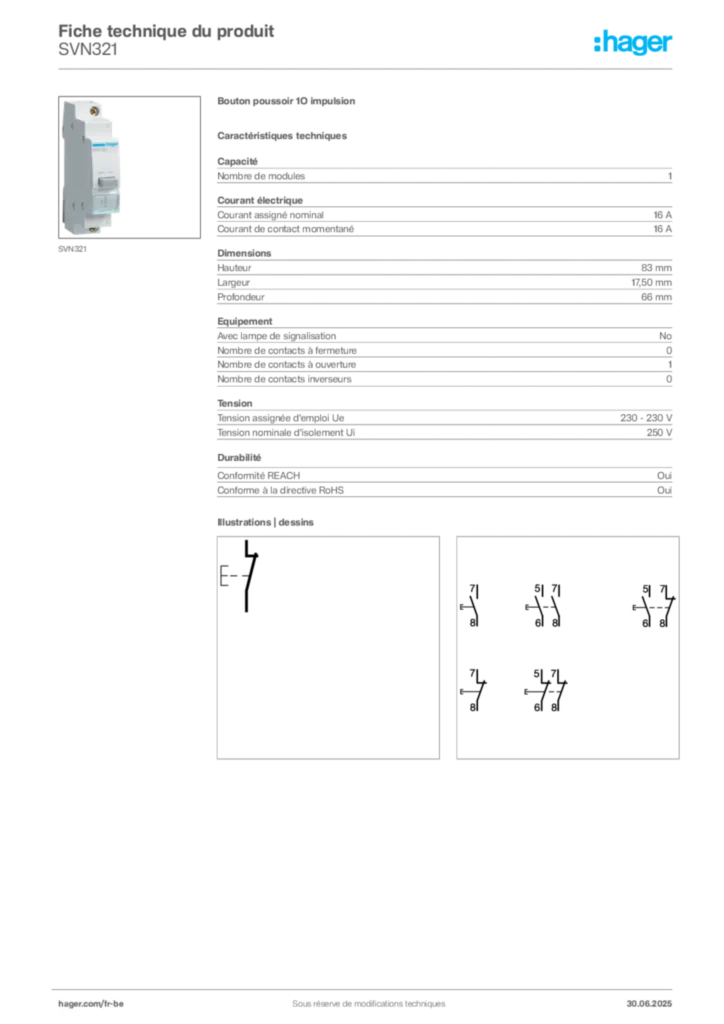 Image Hager Fiche technique du produit SVN321 | Hager Belgique