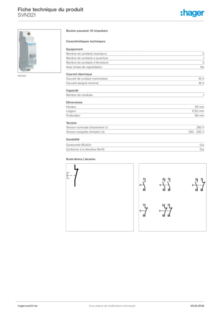 Image Hager Fiche technique du produit SVN321 | Hager Belgique