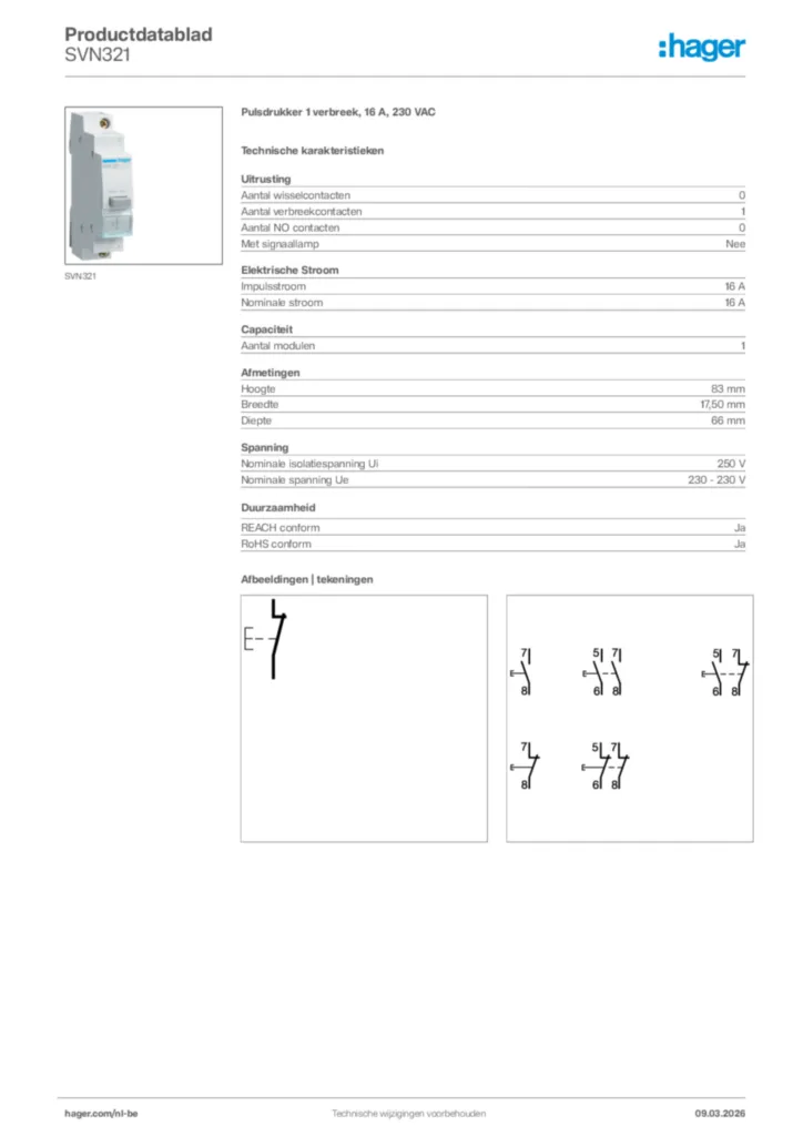 Afbeelding Hager Productdatablad SVN321 | Hager Belgium