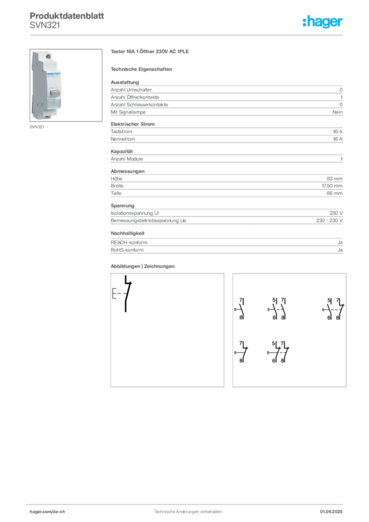 Bild Hager Produktdatenblatt SVN321 | Hager Schweiz
