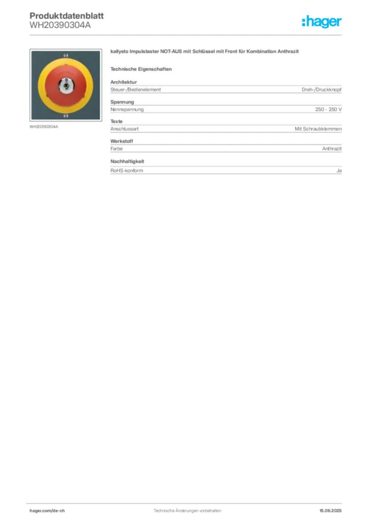Bild Hager Produktdatenblatt WH20390304A | Hager Schweiz