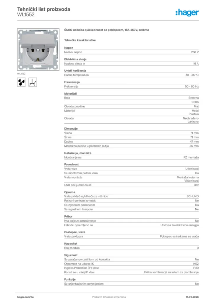 Slika Hager Tehnički list proizvoda WL1552  | Hager