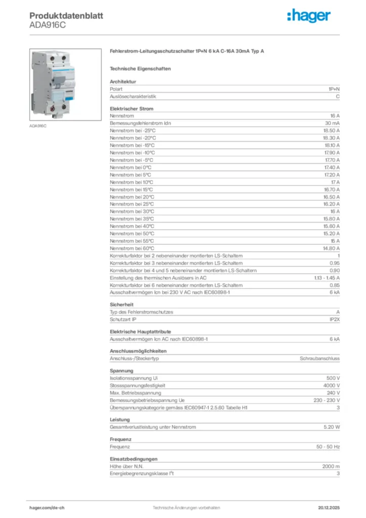 Bild Hager Produktdatenblatt ADA916C | Hager Schweiz