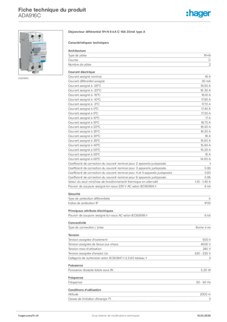 Image Hager Fiche technique du produit ADA916C | Hager Suisse