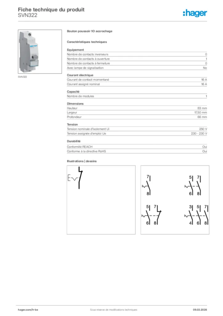 Image Hager Fiche technique du produit SVN322 | Hager Belgique