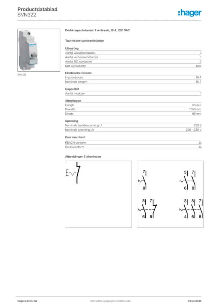 Afbeelding Hager Productdatablad SVN322 | Hager Belgium