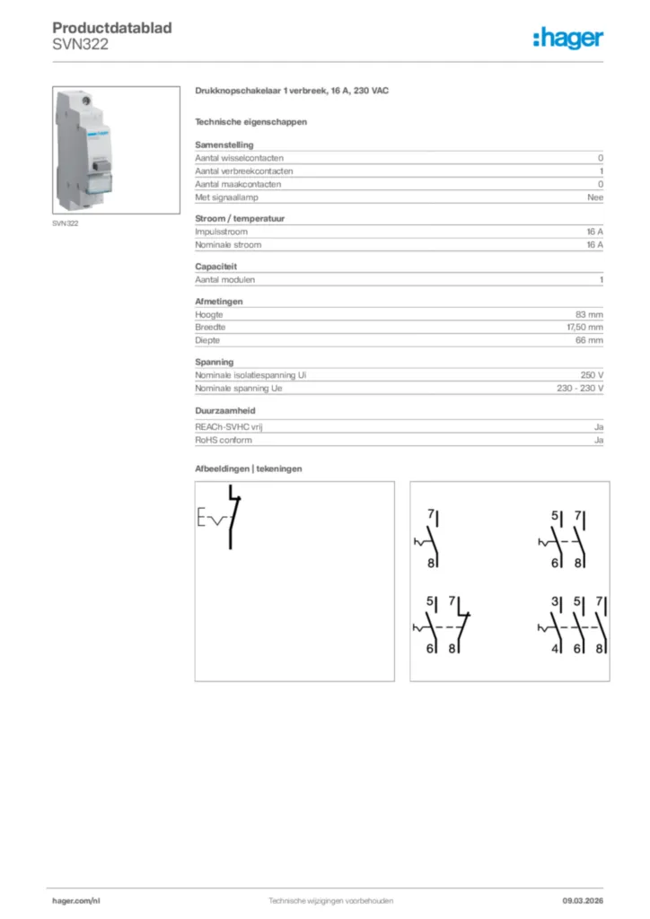 Afbeelding Hager Productdatablad SVN322 | Hager Nederland