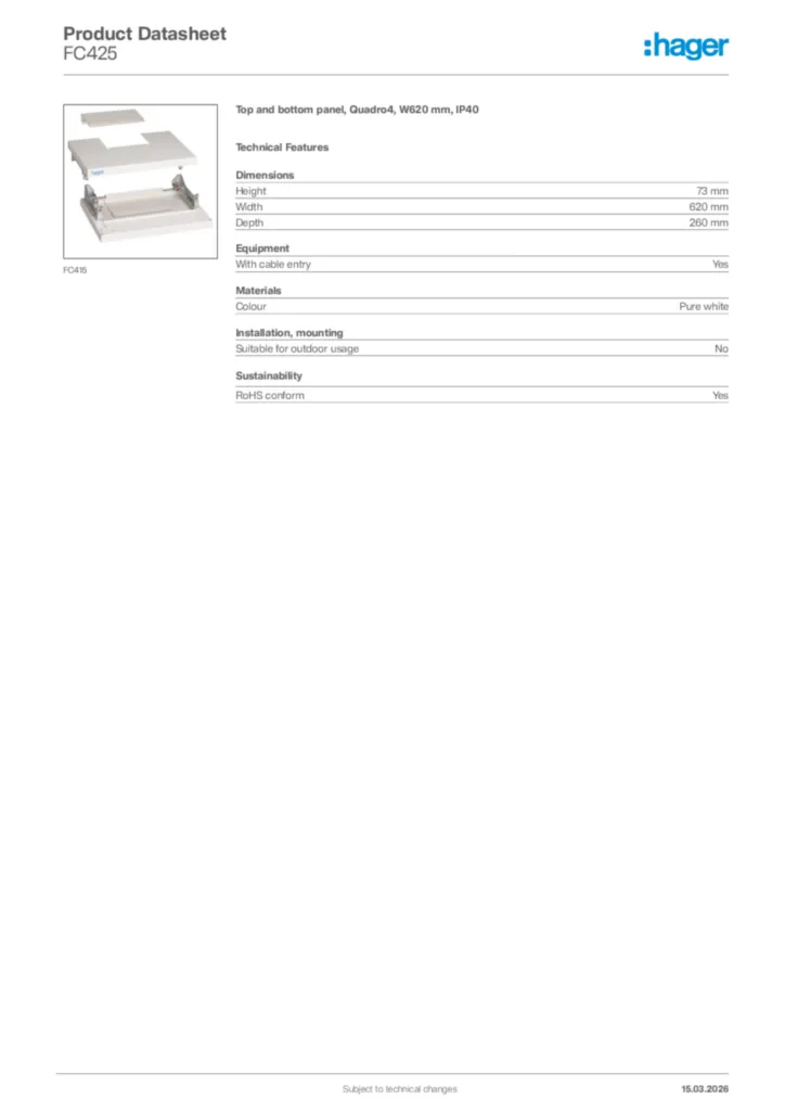 Image Hager Product data sheet FC425  | Hager Africa