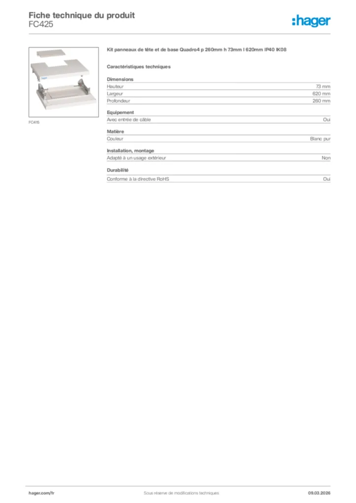 Image Hager Fiche technique du produit FC425 | Hager France